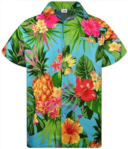 King Kameha Funky - Camisa hawaiana de manga corta para hombre, bolsillo frontal, diseño de hojas de palma, piña, Piña turquesa, XS