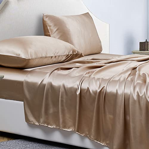 Jemiipee Completo Lenzuola Raso Matrimoniale Tinta Unita 200x200x36 cm - Lenzuola Sotto con Angoli Matrimoniali, Lenzuolo Sopra, 2 Federe - Biancheria da Letto Satin 4 Pezzi - Cachi