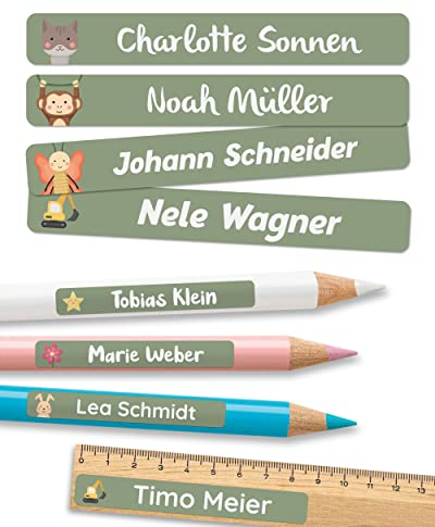 melu kids® Namensaufkleber Kinder für Schule & Kita (75 Stück) - Personalisierte Aufkleber mit Namen für Stifte und alle Schulsachen - Wasserfest in Spülmaschine (Grün)
