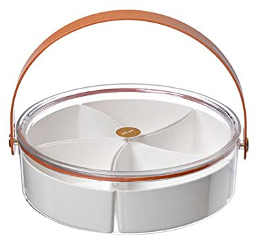 Snackteller Obstteller mit 5 Fächern, Tragbare Snackschale Plastik Snack Tablett Wiederverwendbare Serviertablett Obst Snackbox mit Deckel Transportbox Snackschale für Desserts Tisch, Nüsse-26cmx8cm