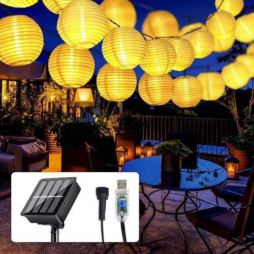 Mexllex Solar Lichterkette Lampion Außen, 8M 40 LED 8 Modi Lampions Solar Außen Wetterfest, USB-betrieben Solarlampen für Außen Garten,Balkon Garten,Terrasse,Hochzeit Deko (Warmweiß)
