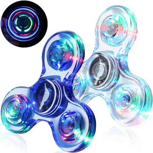 SCIONE 2PCS Crystal LED Light Fidget Spinner for Kids,Light Up Fidget Toys for Kids,Glow in The Dark Party Bag Fillers for Children Adults(Crystal- Blue and White)