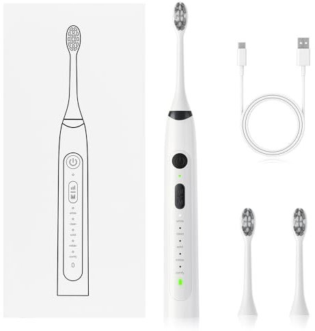 Brosse à dents électrique, brosse à dents sonique avec 2 têtes de brosse, 40 000 VPM, 5 modes, 5 heures de charge rapide pendant 55 jours, peut nettoyer efficacement les bactéries dans la cavité