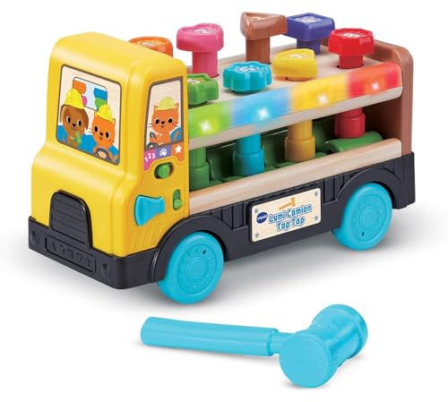 VTech - Lumi Camion Tap Tap, Camion Enfant Parlant et Musical Partiellement en Bois, Jouet d'Éveil et de Motricité Interactif et Lumineux, Cadeau Bébé Dès 18 Mois - Contenu en Français