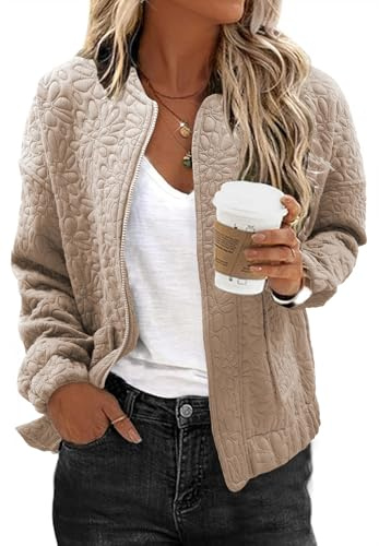 EVALESS Casual Jacket for Women Lightweight Womens Spring Outfits Cute Floral Bomber Jackets Short Summer Outerwear for Womens Trendy 2026 Stand Collar Long Sleeve Zip Up Top Work Clothes, Beige Large