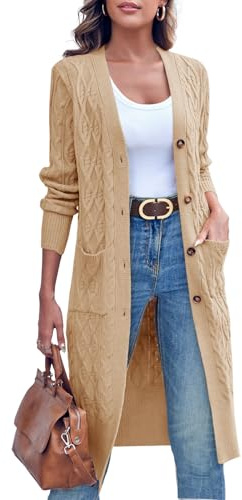 Imily Bela Cárdigan largo de punto para mujer, con estampado de trenza, con bolsillos, caqui, M