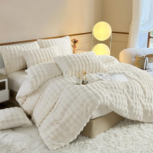 YASMENG Ropa de cama de felpa de 135 x 200 cm, para invierno, color crema y blanco, de felpa de pelo largo, muy suave y mullida, ropa de cama de 2 piezas para niños con cremallera y funda de almohada