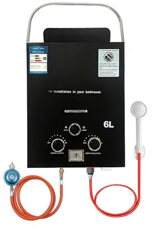 Chauffe-eau Portable Gaz Propane 6L, Chauffe-eau Camping Gaz de 12KW, Propane ou Butane, Chauffe-eau de Douche de Camping 6l/min, Pour Douche Instantané Extérieure Chauffe, Hiver et Été (Noir)