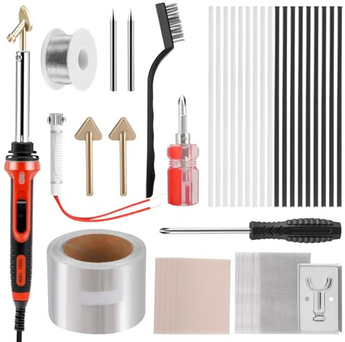 100W Plastic Welding Kit, Plastic Welder & Soldering Iron Gun with 2-Speed Adjustable & 5 Soldering Tips, 20 Black & 20 White Rods, Steel Mesh, Metal Brush for Small-Scale Welding Tasks