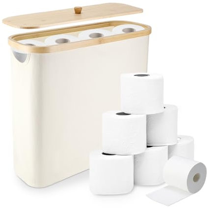 Zikenis Cesta de Almacenamiento de Papel Higiénico, 25L Organizador Papel Higienico con Funda de Bambú para 12 Rollos, Tela Oxford, Impermeable, Plegable Cesta Papel Higienico para Baño y Hogar