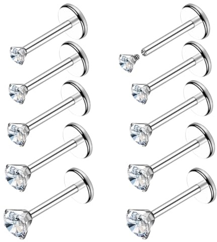 Telooco 10 Pcs 16G Flat Back Nose Stud Surgical Steel Labret Studs Anti-allergic Silver Internally Threaded Tragus Earrings Lip Bars Medusa Piercing Jewellery