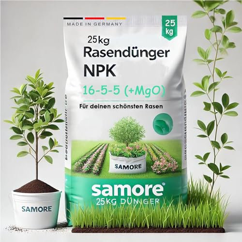 Samore Rasendünger NPK 16-5-11 I 25 kg für 1200 m² I für einen gesunden Rasen I verdrängt Moos ideal für Frühjahr und Sommer I Streuwagen geeignet I staubarmes Granulat Dünger I gegen Trockenstress