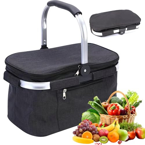30L Einkaufskorb Faltbar, Familie Tragekorb, Groß Picknickkorb mit Gepolsterten Griffen, Einkaufstasche mit Alurahmen ideal für Reisen, Picknick, Einkaufen, Geschenk