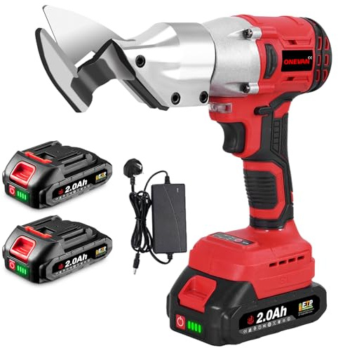 ONEVAN Metal Shears Cordless, Sheet Metal Shears Electric Cordless Scissors, Electric Scissors for Cutting Steel (Red. 2 Batteries & Charger)