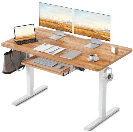 FEZIBO Height Adjustable Electric Standing Desk with Keyboard Tray, 140 x 60 cm Sit Stand up Desk with Splice Board, Light Rustic/Light Rustic Top