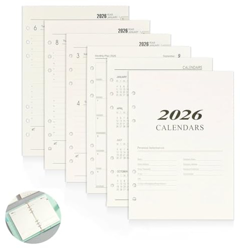 Agenda Settimanale 2026, Formato A5, 6 fori, Inserto per Calendario 2026, carta a fogli mobili bianca a 6 fori, carta di ricarica punteggiata per bullet journal A5, quaderno ricaricabile, planner 176
