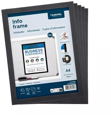 Europel Marco de información magnético A4 negro, juego de 5, portadocumentos magnético para pizarras, superficies de metal y máquinas, cambio rápido de documentos, marco de información resistente para