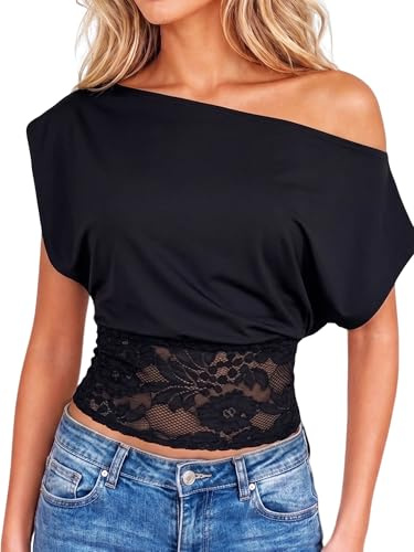 Navneet Women Lace Off Shoulder Tops Cinched Waist Going Out Top Black
