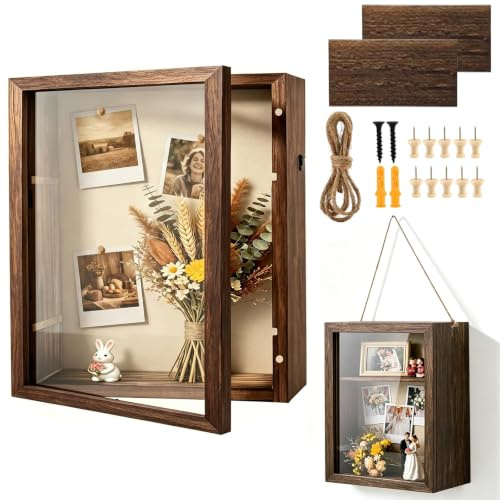 Wonninek 12.7cm Deep Shadow Box Display Case 8x10, Hangable Shadow Box Frame with Linen Back and Removable Slot, Large Vintage Memory Box Display for Photos, Artworks, Memory Tickets