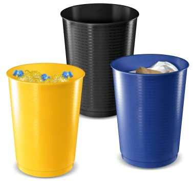 CEP Kit de tri sélectif 3 poubelles grand format 40L Corbeilles à papier, déchets plastiques Maxi capacité Bureau Collectivités Salle de classe Ecole Lot noir, jaune, bleu