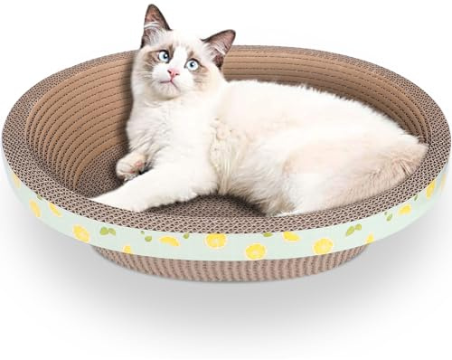 Oval Cat Cardboard Scratcher with Lounger Bed, High-Density Kitty Cat Scratching Pad for Indoor Cats Grinding Claws, Ergonomic Curved Furniture Couch Cat Scratch Protector, 17.3 × 13.6 × 4.5