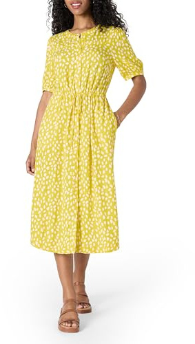 Amazon Essentials Vestido Midi Evasé de Corte Holgado, Transpirable, de Media Manga, con Botones en la Parte Delantera, Cintura con Cordón y Bolsillos Mujer