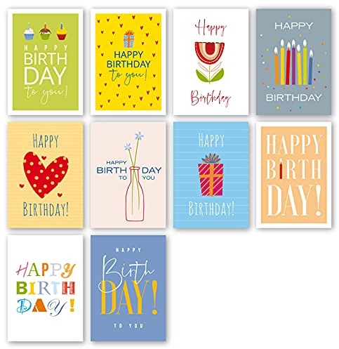Meridian Design Geburtstagskarten, Happy Birthday Klappkarten im 10er Set mit Briefumschlag, Grusskarte zum Geburtstag, 10 Glückwunschkarten in Premium Qualität, kreative Geschenkkarten