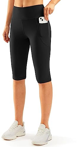 SANTINY Women's Knee Length Capri Leggings with Pockets High Waisted Workout Exercise Yoga Capris Pants for Women (Black_XL)