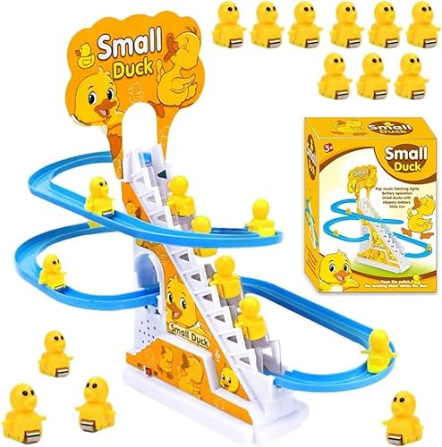 9 Stück Elektrische Ente Treppensteigen Spielzeug, Achterbahn Musik Ente Set mit LED Blinklichtern, Montessori Baby Spielzeug, Elektrische Badewannenspielzeug, Geburtstag Geschenk(Farbiges Kasten)
