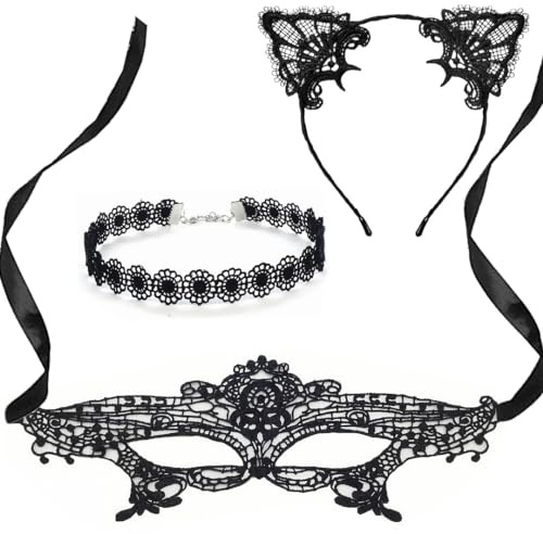 VZXQX 3pcs Serre Tete Oreille de Chat Dentelle Masque Yeux Collier, Noire Déguisement Costume Sexy Chat Serre-Tête Bandeau Cheveux Adulte Femme Halloween Carnaval Cosplay Mascarade Faveurs Fête