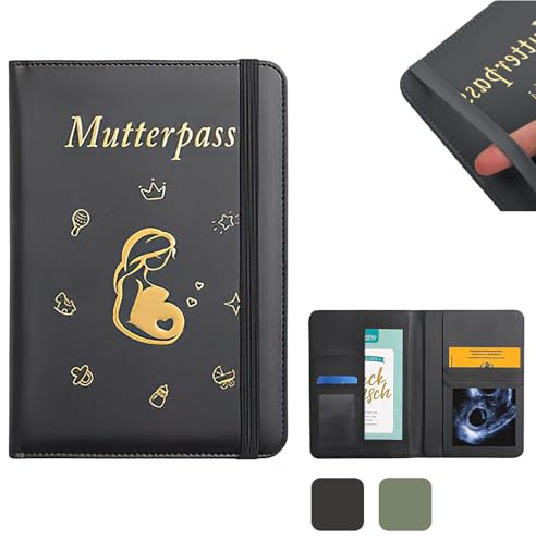 Funda para pasaporte de maternidad de piel sintética, para carné de madre alemán, con 9 compartimentos, regalo para embarazadas y futuras madres (negro)