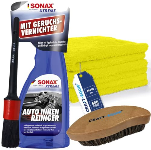 Craft-Equip Innen-Reinigungs-Set bestehend aus dem SONAX Xtreme 500ml Auto Innen Reiniger + Zubehör (3xMicrofasertücher / Lederbürste/Pinsel)