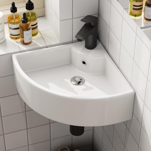 Lavabo pequeño de esquina con borde fino, pequeño lavabo colgante para invitados, lavabo de cerámica montado en la pared con orificio para grifo, lavabo de pared para baño, 46 x 31 cm