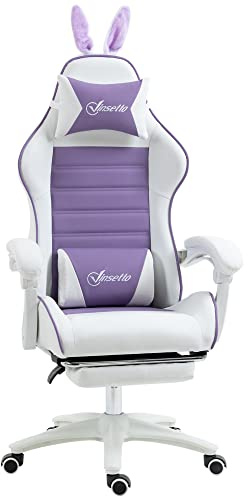 Vinsetto Gaming Stuhl Ergonomischer Gamer Stuhl mit Lendenwirbelstütze, Fußstütze, Gaming Sessel mit Hasenohren, Kopfkissen, Bürostuhl mit Verstellbare Rückenlehne Liegefunktion Violett