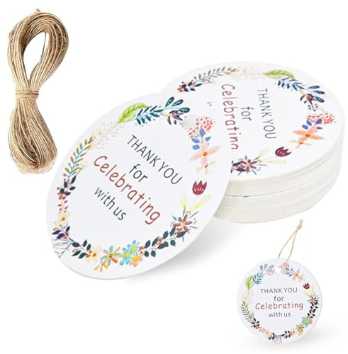 KEWUF 50 Piezas Etiquetas de Regalo: Gracias Etiqueta Tiqueta Redonda, Etiquetas Redondas con Cordón, Etiquetas Decorativas Colgantes para Bodas, Regalos, con Cordel para Boda, Fiesta, Comunión