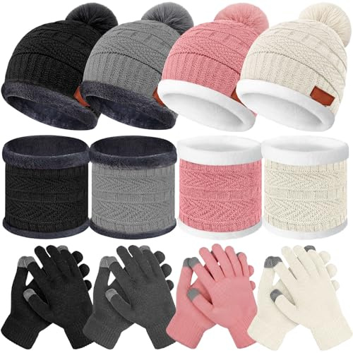 JaGely 12 Pieces Kids Winter Hat Glove Scarf Sets Thick Fleece Lining Cap Knitted Beanie Warm Touchscreen Mitten Neck Warmer Gaiter for Boys and Girls(Classic,Black,Gray,White,Pink)