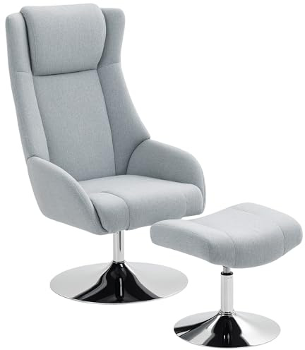 HOMCOM Relaxsessel mit Hocker, 360°drehbarer Fernsehsessel mit hoher Rückenlehne, TV-Sessel mit Samtoptik, Kopfstütze, Metallsockel, Polstersessel für Wohnzimmer, Grau