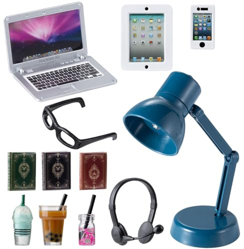 Accesorios Casa de Muñecas, 12 PCS Miniaturas para Casa de Muñecas, Miniatura Casa Muñecas Accesorios, 1:12 Mini Laptop Tablet Smartphone Gafas Lámpara de Escritorio Auriculares Bebida