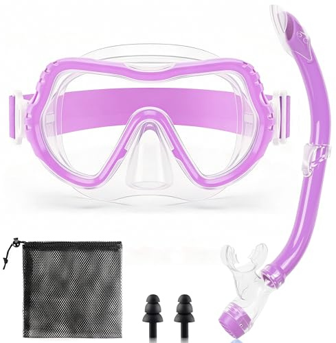 IEEILULU Maschera Subacquea Bambini 5-14 Anni, Comprende Occhialini, Boccaglio, Tappi Impermeabili e Retina – Antiappannamento & Visione Panoramica 180° HD (Viola)