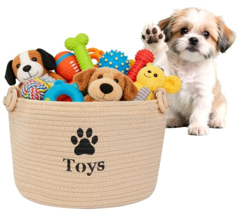 Jiayaus Dog Toy Basket, Round Cotton Rope Dog Toy Box