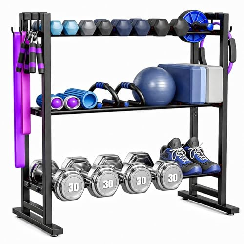 Justerbart hantelställ i 3 nivåer, förlängd bas, hantelhylla | Skivstångsställ med 6 sidokrokar, 200 kg lastkapacitet för hemmagym hantlar kettlebells