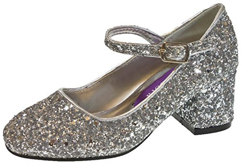 Lora Dora Chaussures Mary Jane de fête à talon bas avec bride pour fillettes - Argenté - paillettes argentées, 34 EU