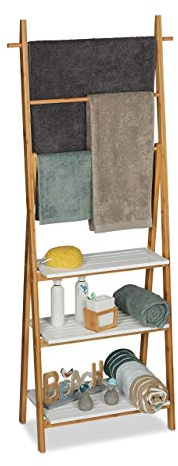 Relaxdays Handtuchhalter Regal, Badständer mit Regalablagen & Handtuchstangen, HBT 150x50x30cm, Bambus, MDF, Natur/weiß, Größe