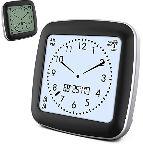 Fishtec - Despertador Digital radiopilotado – Silencioso (Agujas) – Visualización de Temperatura/día/Humedad Ambientales – 7 Idiomas – 2 alarmas – CE/RoHS