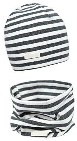 Mädchen Mütze Set mit Schal Kinder Beanie für Herbst Winter Baumwolle 2er(Set: Streifen Grau,49-53)