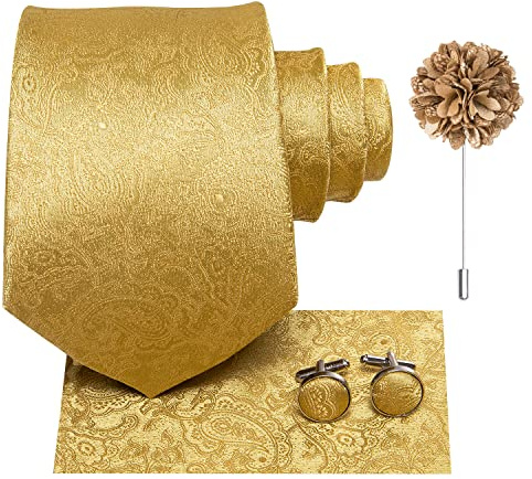 Hi-Tie Silk Men's Tie and Pocket Square Cufflinks Lapel Pin Set Jacquard Wedding Business Necktie for Formal,Gold A