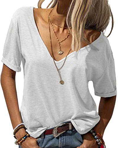 Tankaneo Maglia Donna Estate alla Moda Profonda Scollo a V Maniche Corte Top Solido Casual Basic, Bianco, M