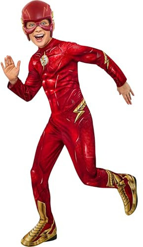 RUBIES - Officiell DC - THE FLASH - klassisk barndräkt - storlek 5–6 år - kostym med långärmad jumpsuit, inbäddade stövlar och mask
