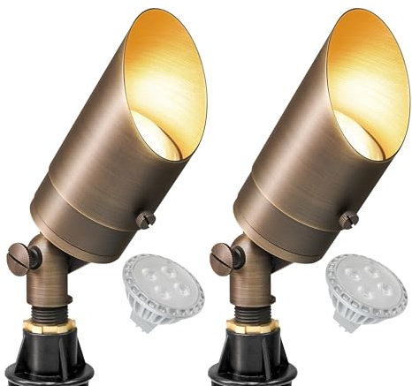 GKOLED Solid Brass Spotlight Low Voltage Landscape Lighting, LED Outdoor Lights for Garden Patio Yard, Directional Up and Down Light with 5W MR16 Bulb, 12V 2700K Warm White, 2 Pack