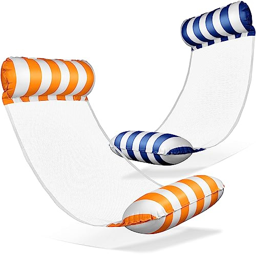 Balinco – Uppblåsbar vattenhängmatta, luftmadrass med 2 luftkammare och nylonnät för pool – Floatie vattenmadrass, relaxstol för vuxna och barn – sommarpooltillbehör (blå/vit + orange/vit)